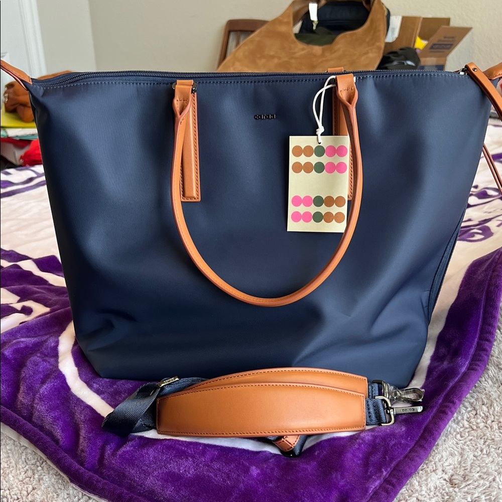 Caraa Navy Tote with Tan Leather Accents